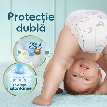 Pampers cu protectie dubla, absorbtie instantanee si sistem Stop & Protect impotriva scurgerilor.