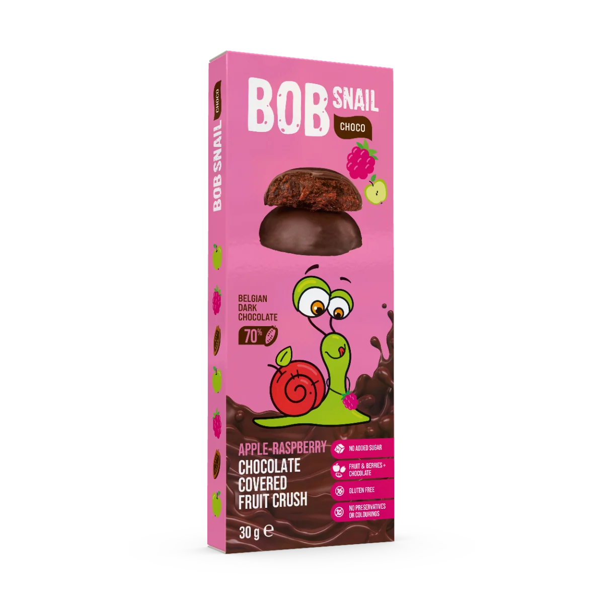 Snack fructat din mere si zmeura in ciocolata neagra, 30g, Bob Snail