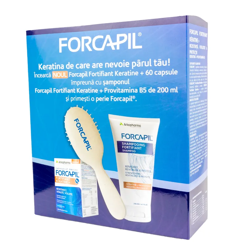 Pachet Forcapil Fortifiant Keratine+ 60 capsule vegetale + Sampon fortifiant 200ml + Perie