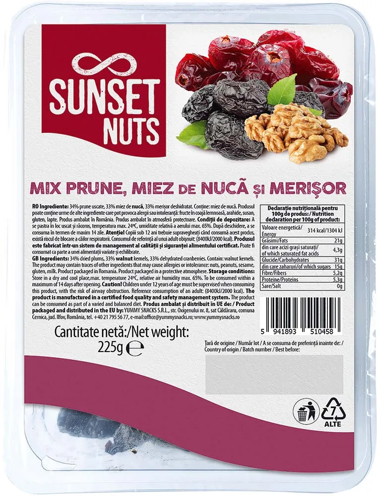 Mix prune, miez de nuca si merisor, 225g, Sunset Nuts