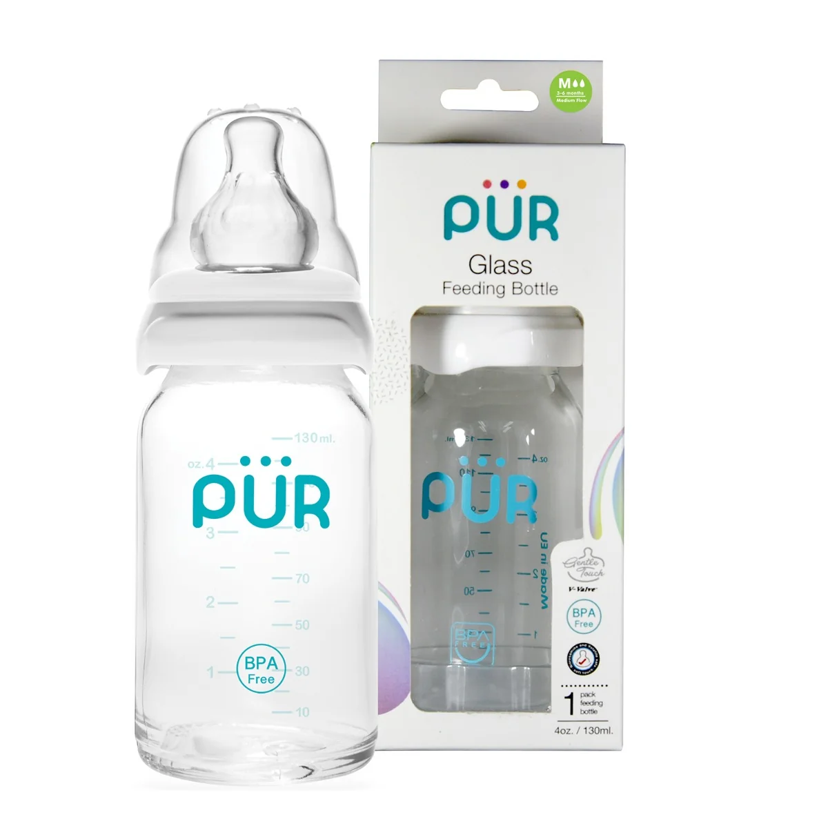 Biberon din sticla cu rezistenta la soc termic, 130ml, PUR