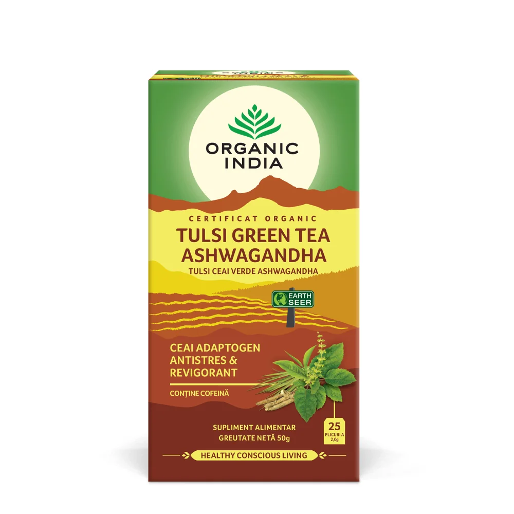 Ceai Tusli Ashwagandha si Ceai Verde , 25 plicuri, Organic India