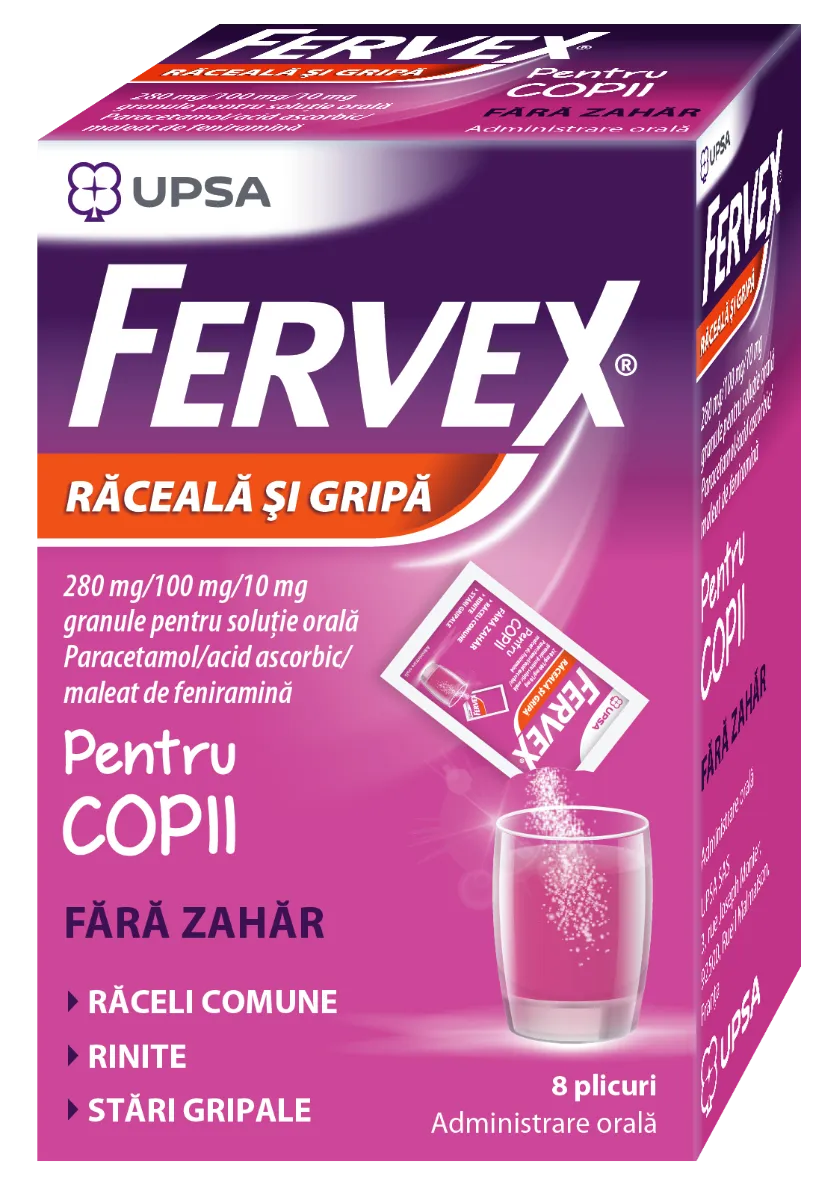 Fervex raceala si gripa pentru copii fara zahar 280mg/100mg/10mg, 8 plicuri, Upsa 