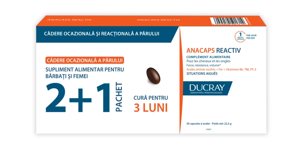 Pachet Anacaps reactiv 2+1 Gratuit, 30 capsule, Ducray