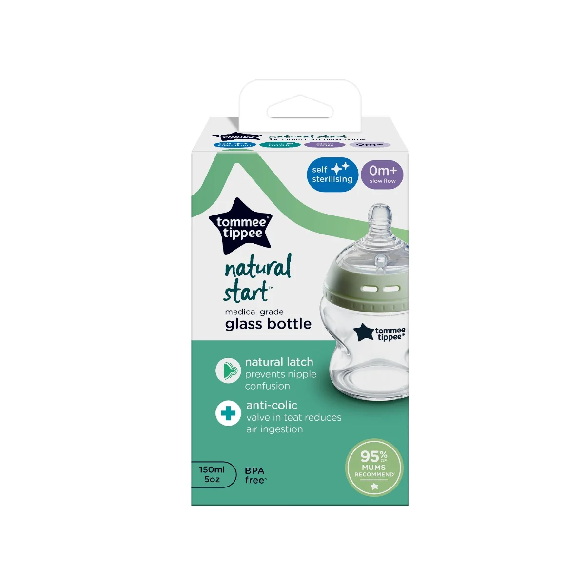 Biberon din sticla cu tetina din silicon si autosterilizare pentru 0 luni+ Natural Start, 150ml, Tommee Tippee