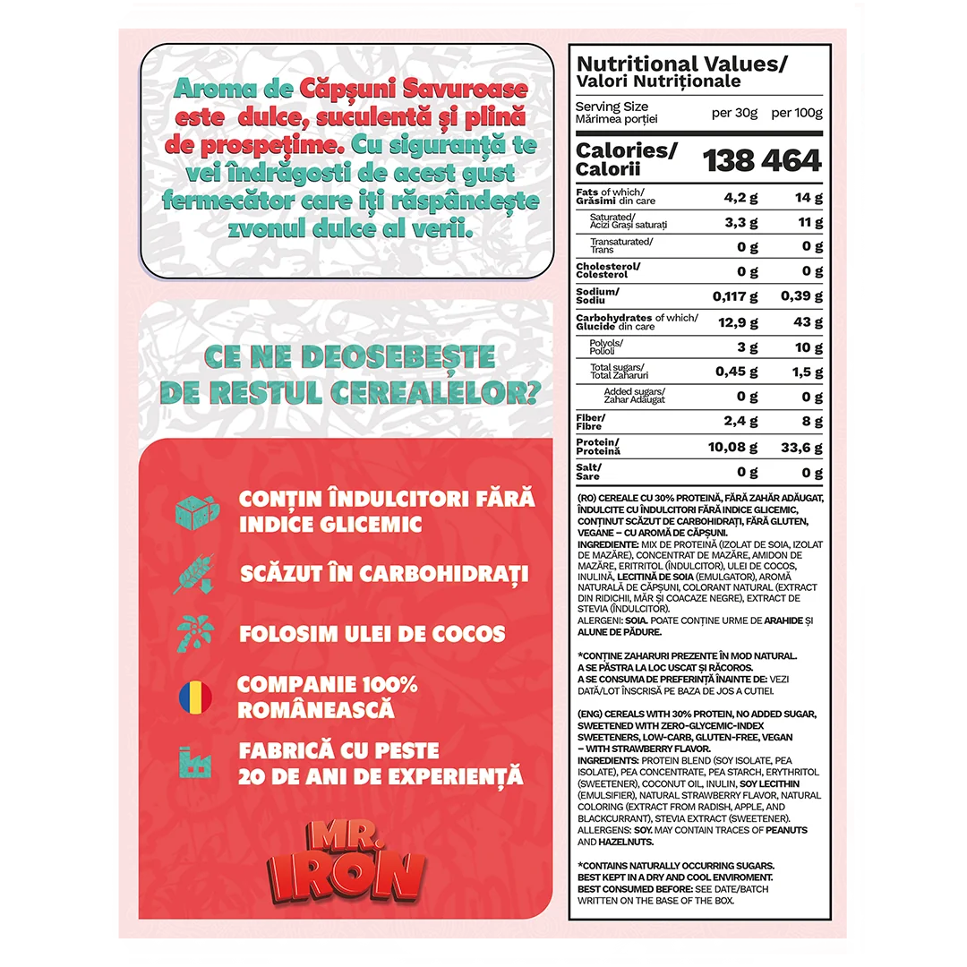 Cereale cu 30% proteina fara zahar low-carb gluten free si vegane Capsuni si Mar, 250g, Mr. Iron