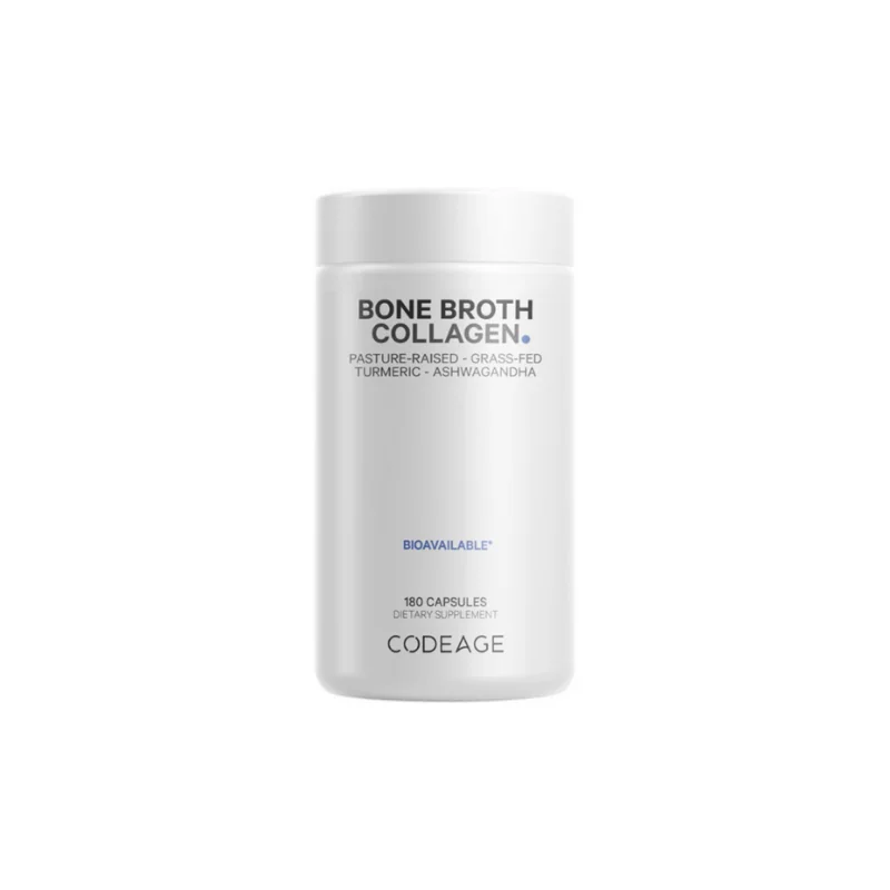 Peptide din colagen de tipul I, II & III din fiertura de oase cu turmeric si ashwagandha Bone broth collagen peptides, 180 capsule, CodeAge