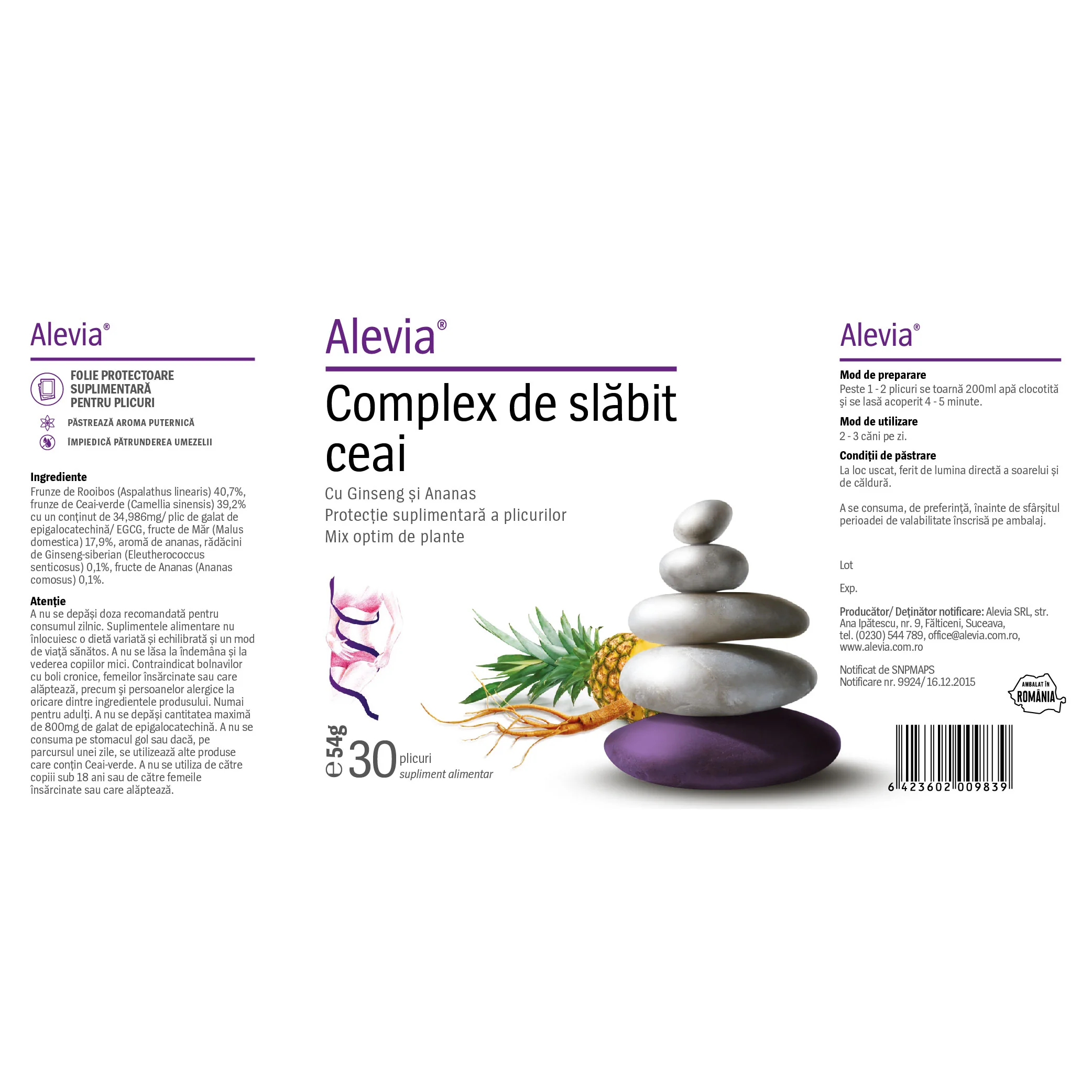 Complex de slabit ceai cu ginseng si ananas, 30 plicuri, Alevia