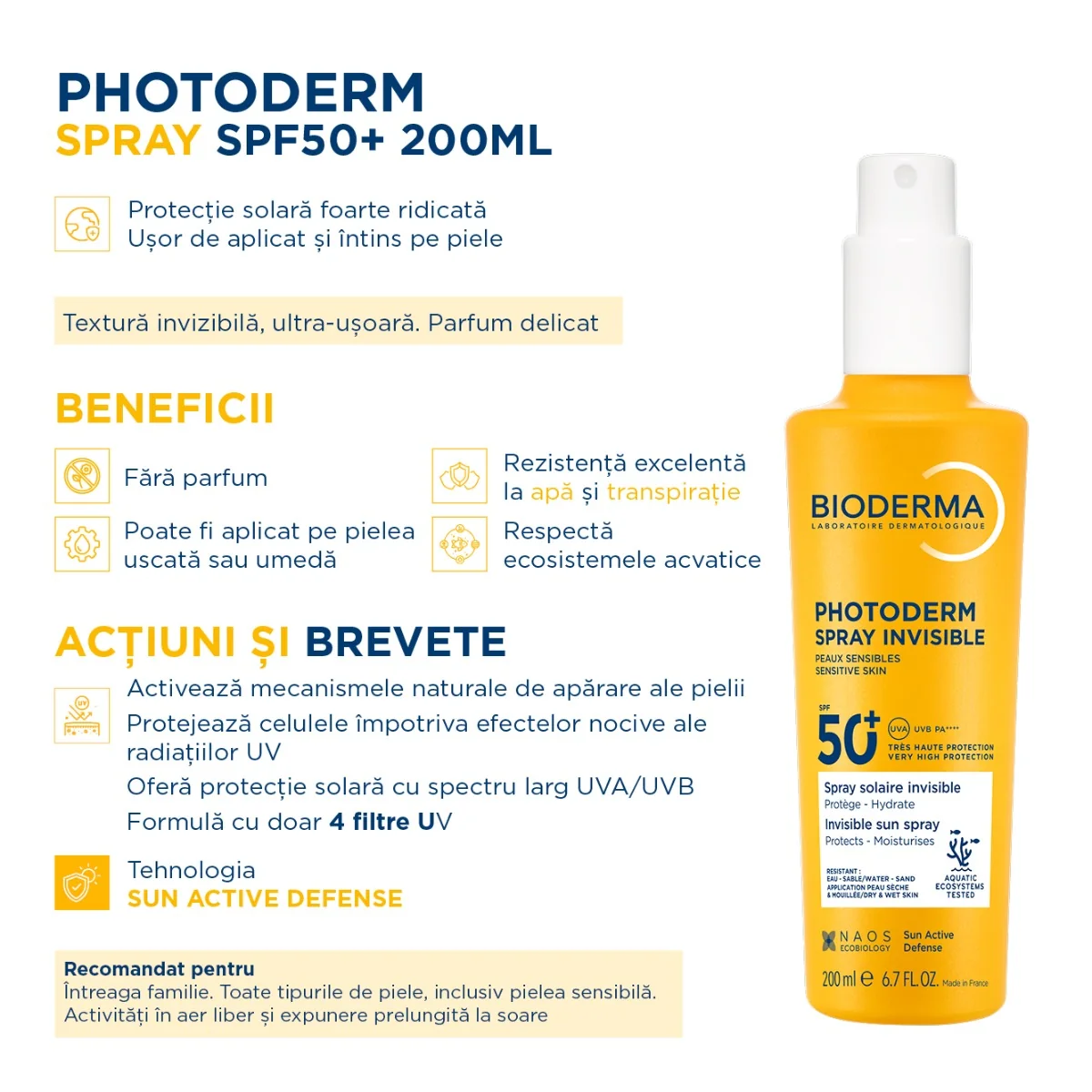 Spray invizibil cu SPF50+ Photoderm, 200ml, Bioderma