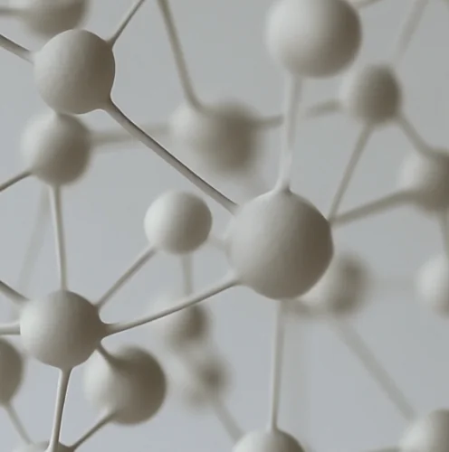 Structura moleculara abstracta cu sfere albe conectate intre ele
