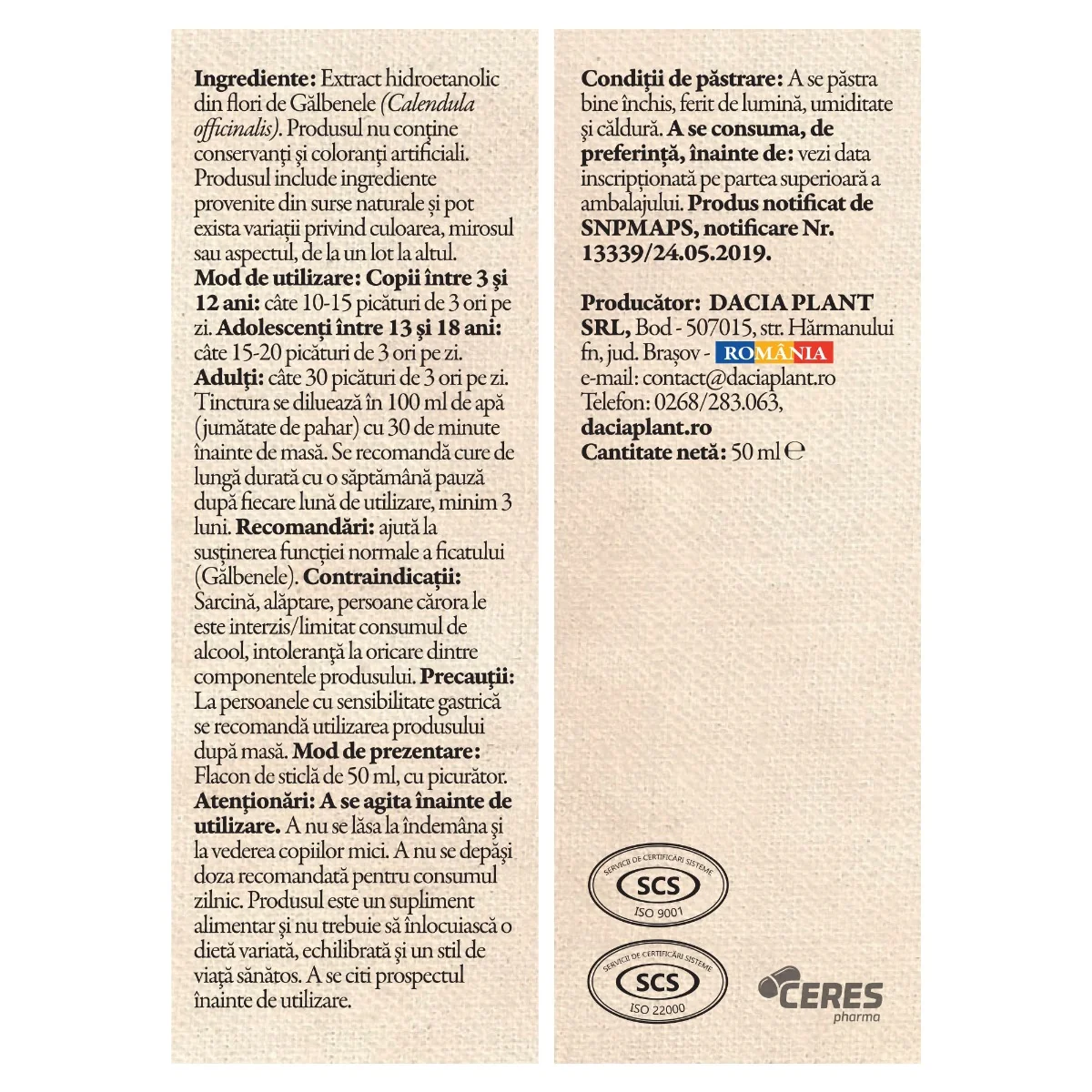 Tinctura de galbenele, 50ml, Dacia Plant