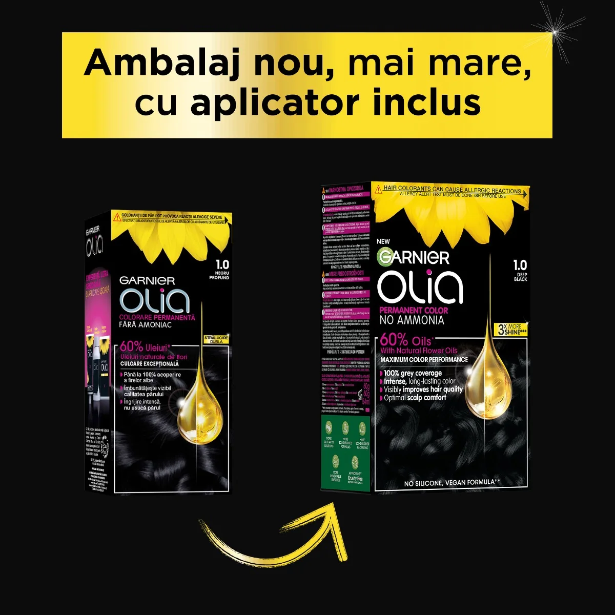 Vopsea de par permanenta fara amoniac 1.0 Night Black Olia, 174ml, Garnier