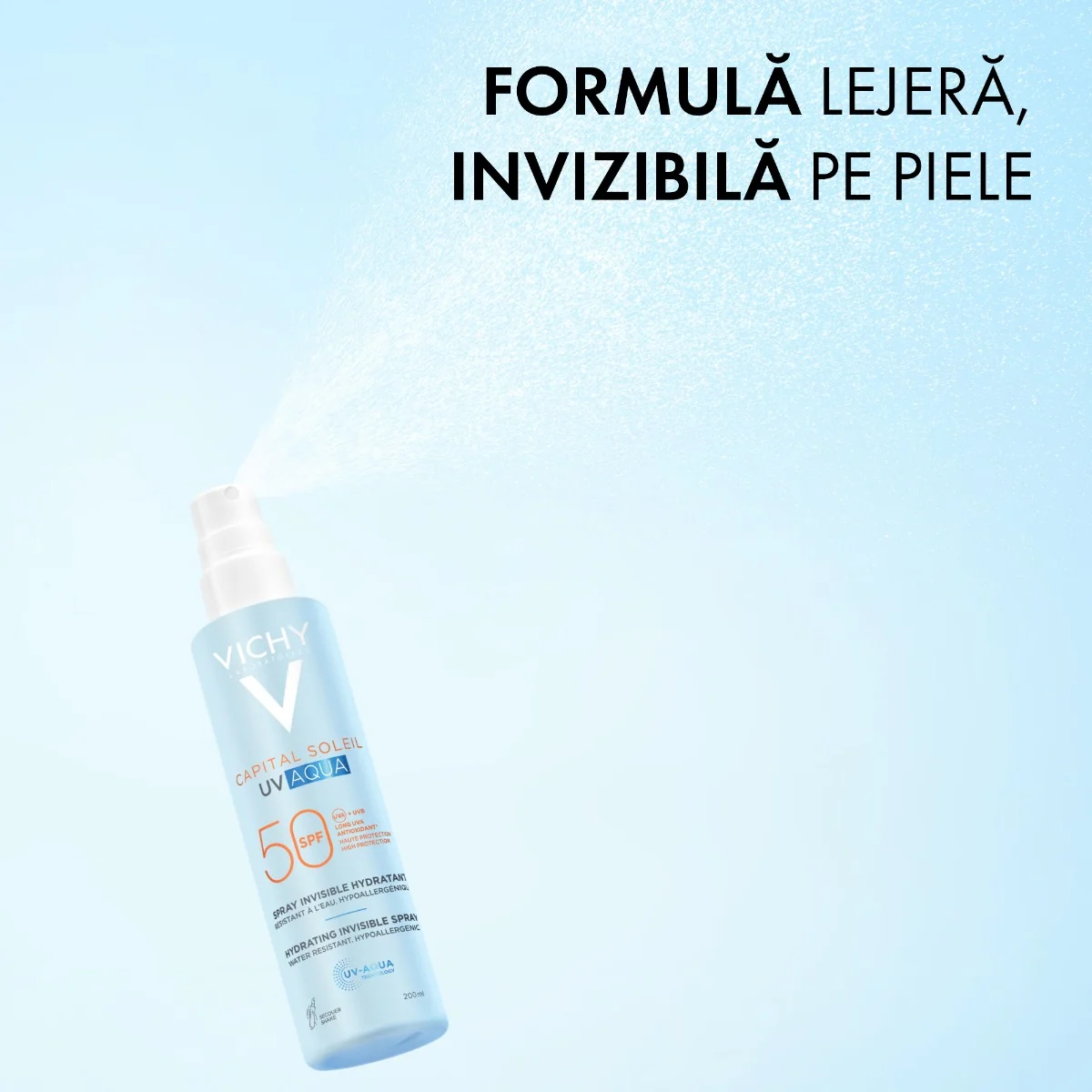 Spray hidratant pentru fata si corp SPF50 Capital Soleil UV AQUA, 200ml, Vichy