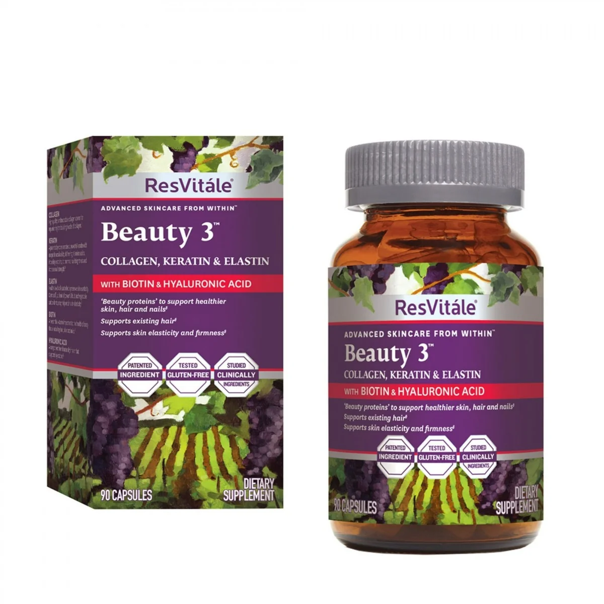 Formula pentru par piele si unghii cu colagen keratina si elastina ResVitále Beauty 3, 90 capsule, GNC