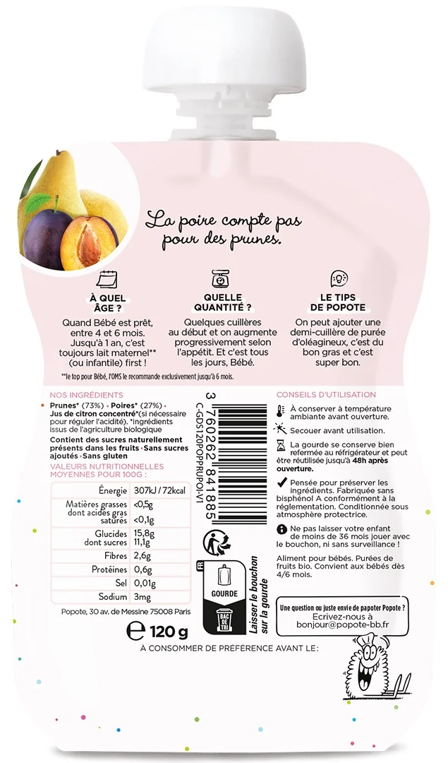 Piure cu pere si prune 4-6 luni, 120g, Popote 
