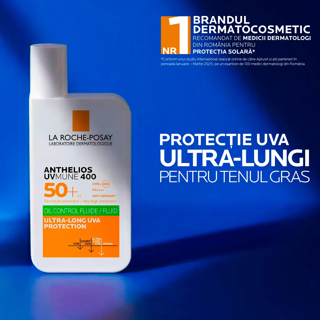 Fluid oil control cu protectie solara SPF 50+ textura ultra-fluida pentru ten mixt-gras Anthelios UV-Mune 400, 50ml, La Roche-Posay