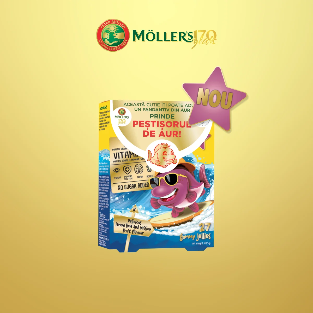 Pestisori gumati Omega 3 cu lemon lime si fructul pasiunii, 27 jeleuri, Moller's 
