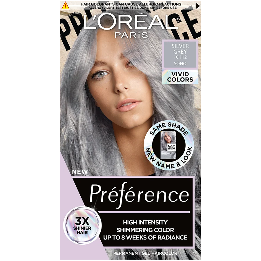 Vopsea de par permanenta cu amoniac Preference Vivid Colours 10.112 Silver Grey, 204ml, L'Oreal Paris