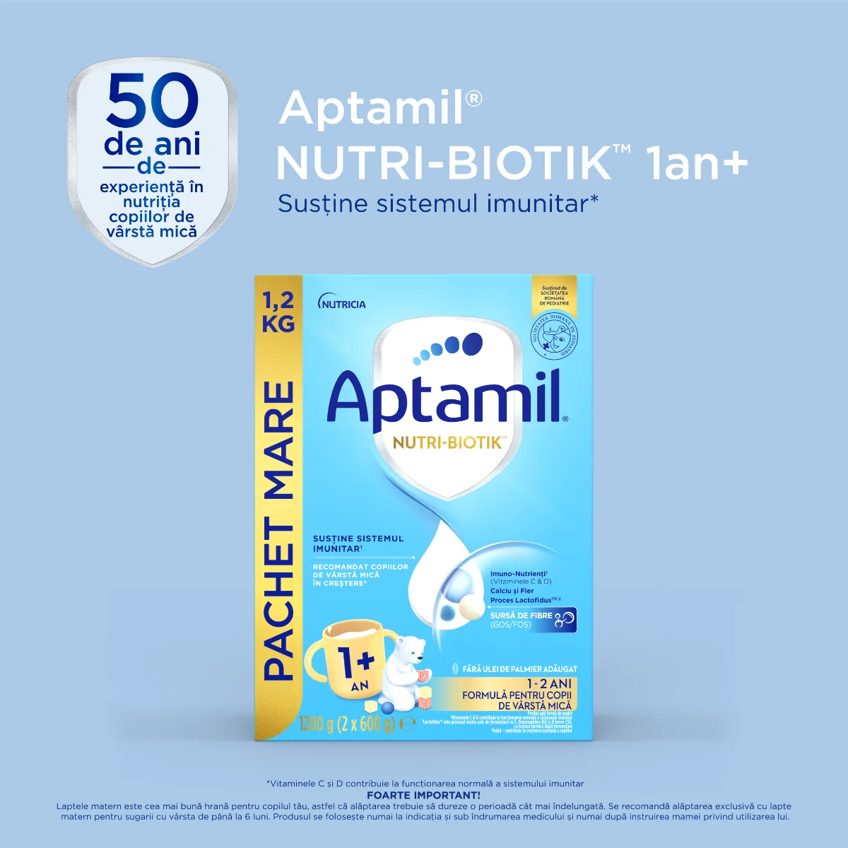 Formula de lapte pentru copii de varsta mica 1-2 ani NUTRI-BIOTIK 1+, 1200g, Aptamil