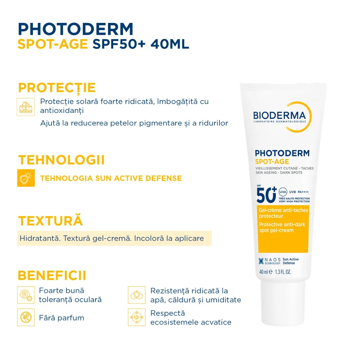 Gel-crema cu efect antioxidant impotriva petelor brune Photoderm Spot-Age SPF 50+, 40ml, Bioderma