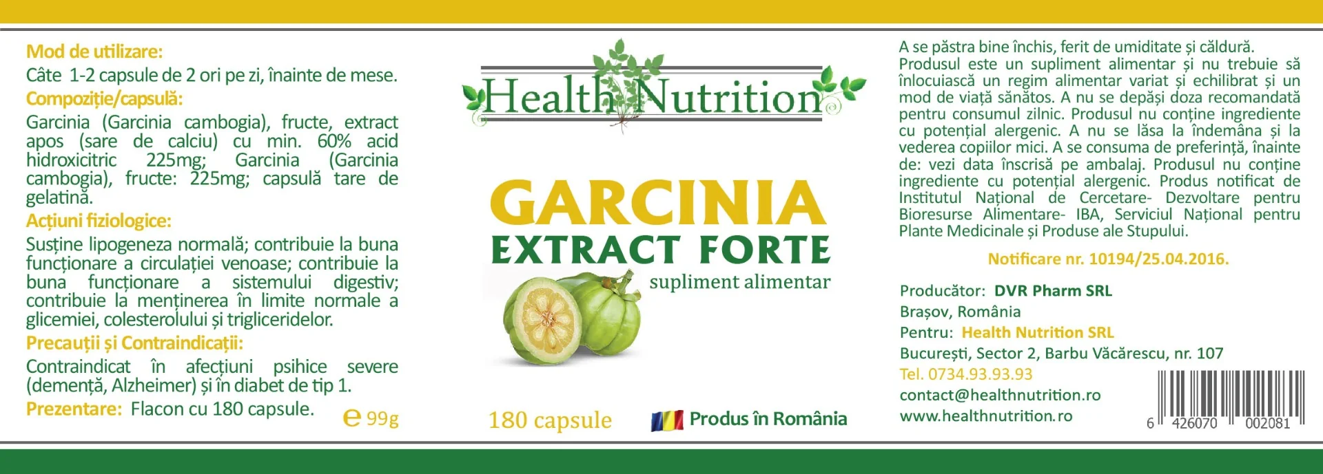 Garcinia extract forte natural, 180 capsule, Health Nutrition