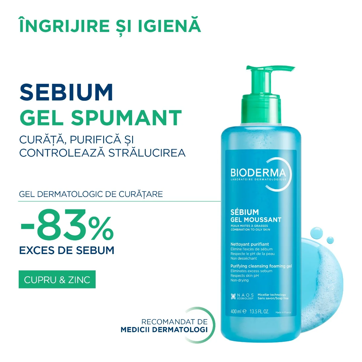 Gel spumant pentru piele mixta si grasa Sebium, 400ml, Bioderma
