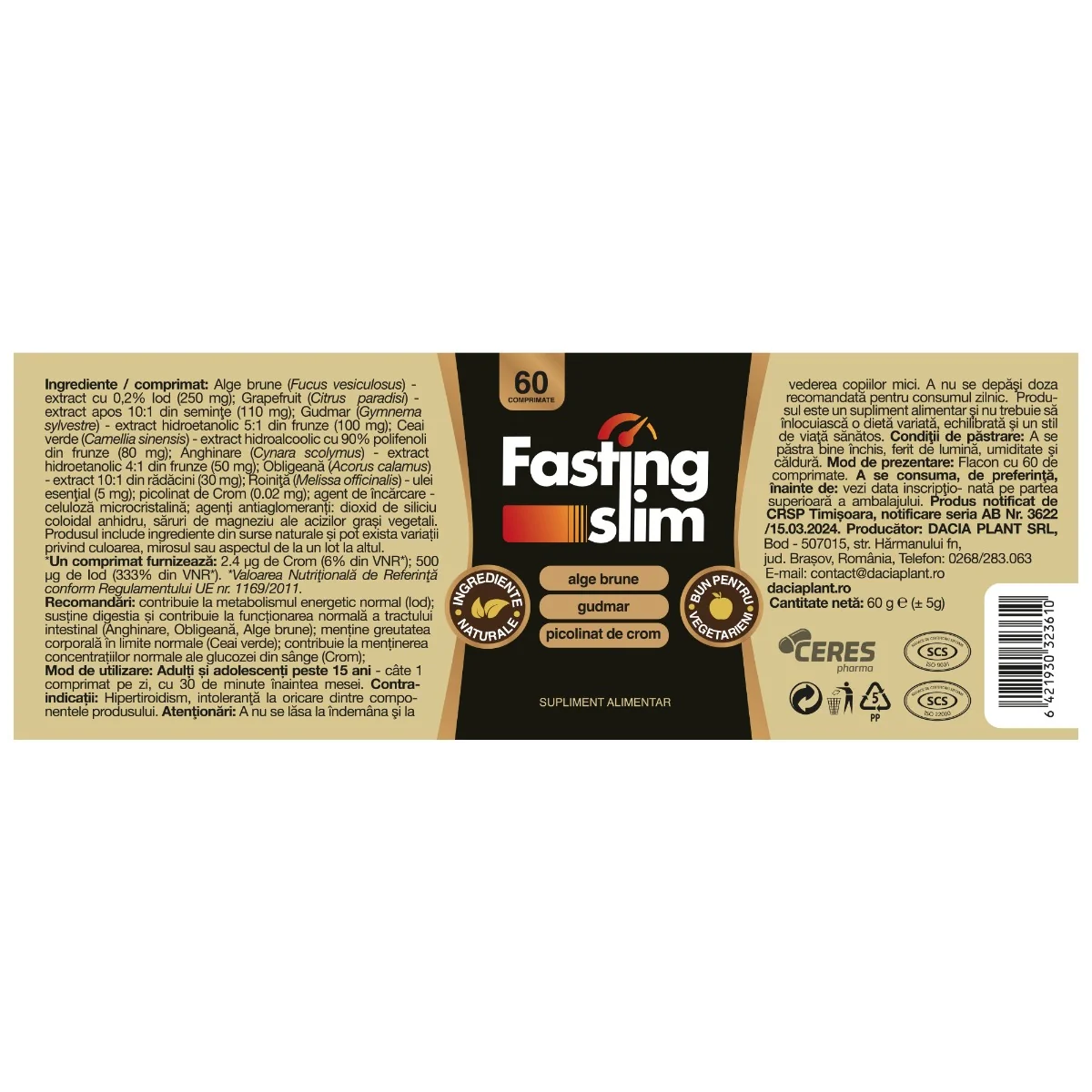Fasting Slim, 60 comprimate, Dacia Plant