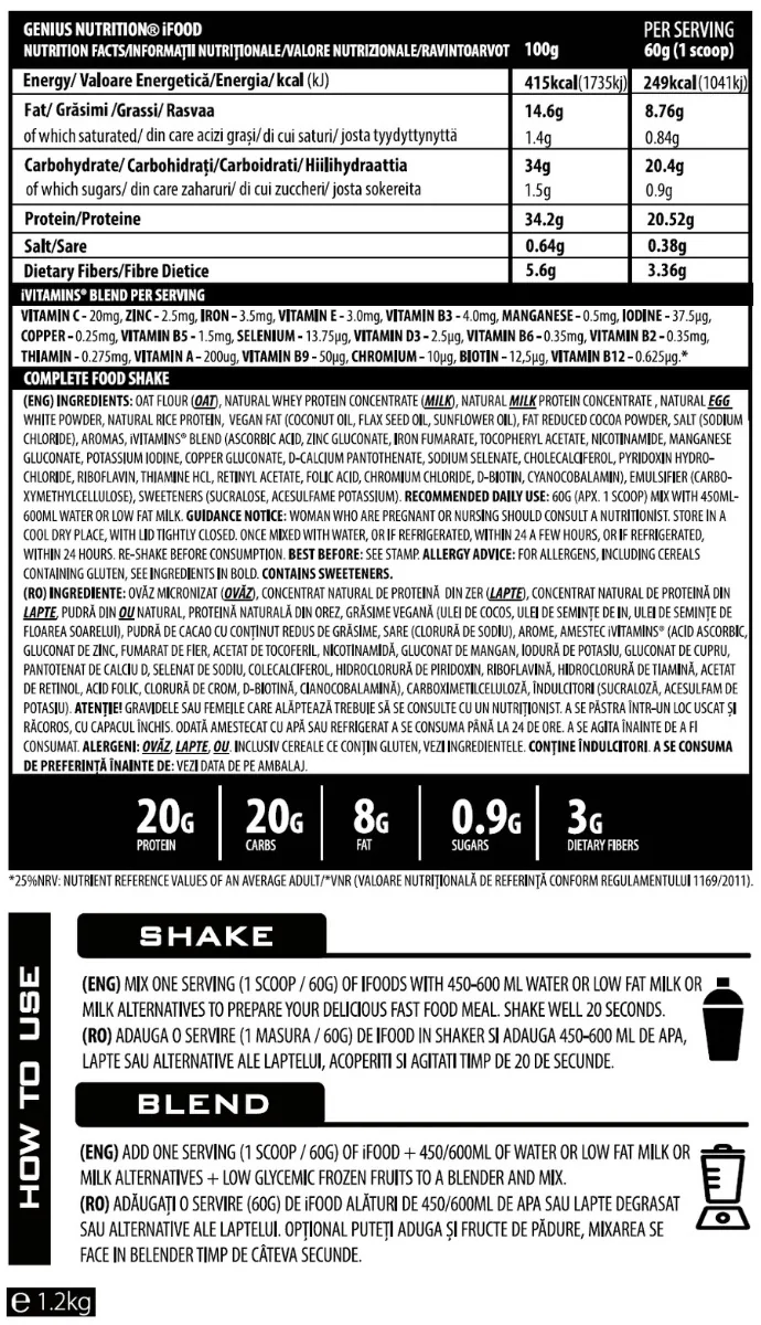 Pudra proteica cu aroma de ciocolata iFood, 1200g, Genius Nutrition