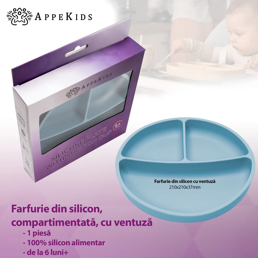 Farfurie compartimentata din silicon cu ventuza Aqua Blue 6 luni+, 1 bucata, Appekids