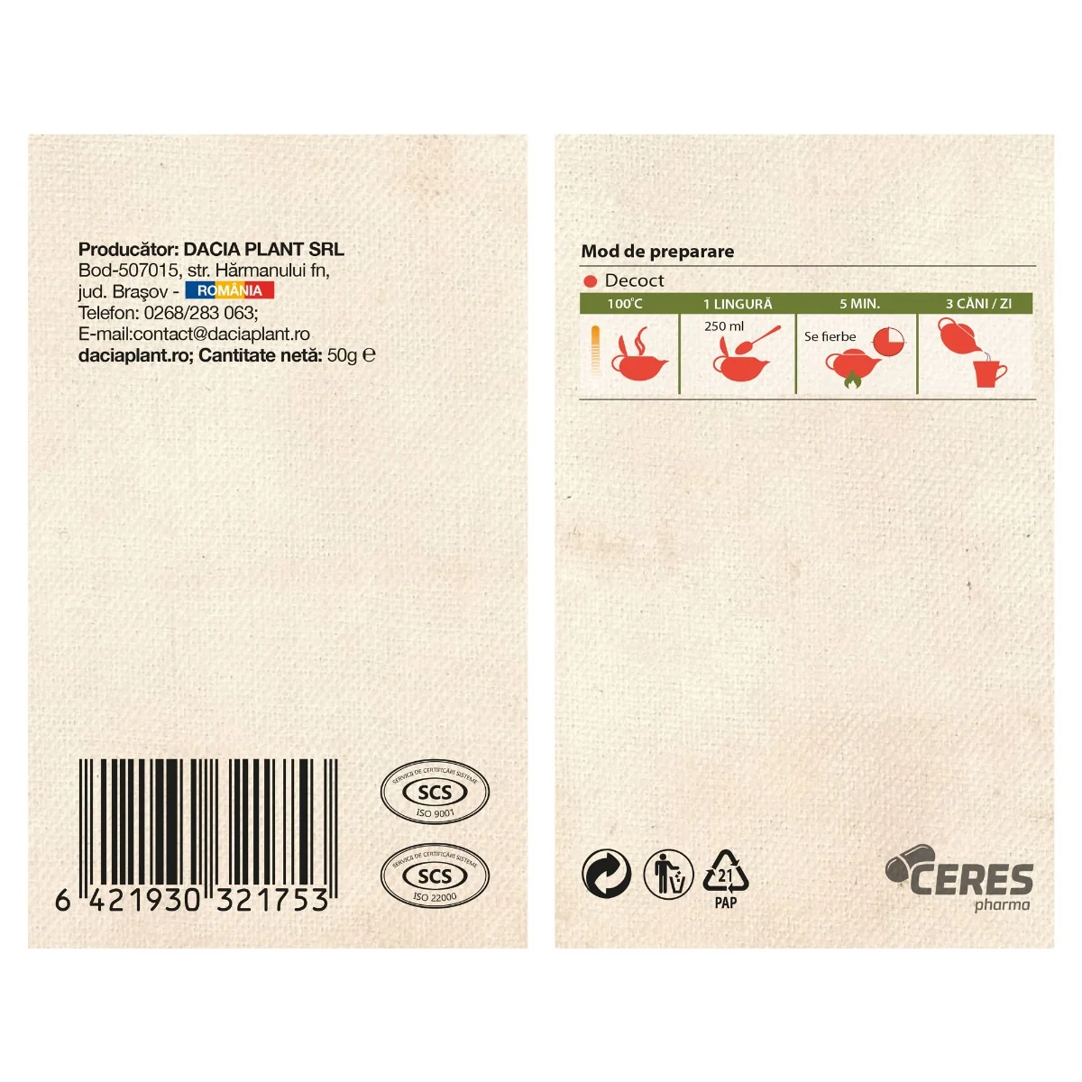 Ceai de macese, 50g, Dacia Plant 