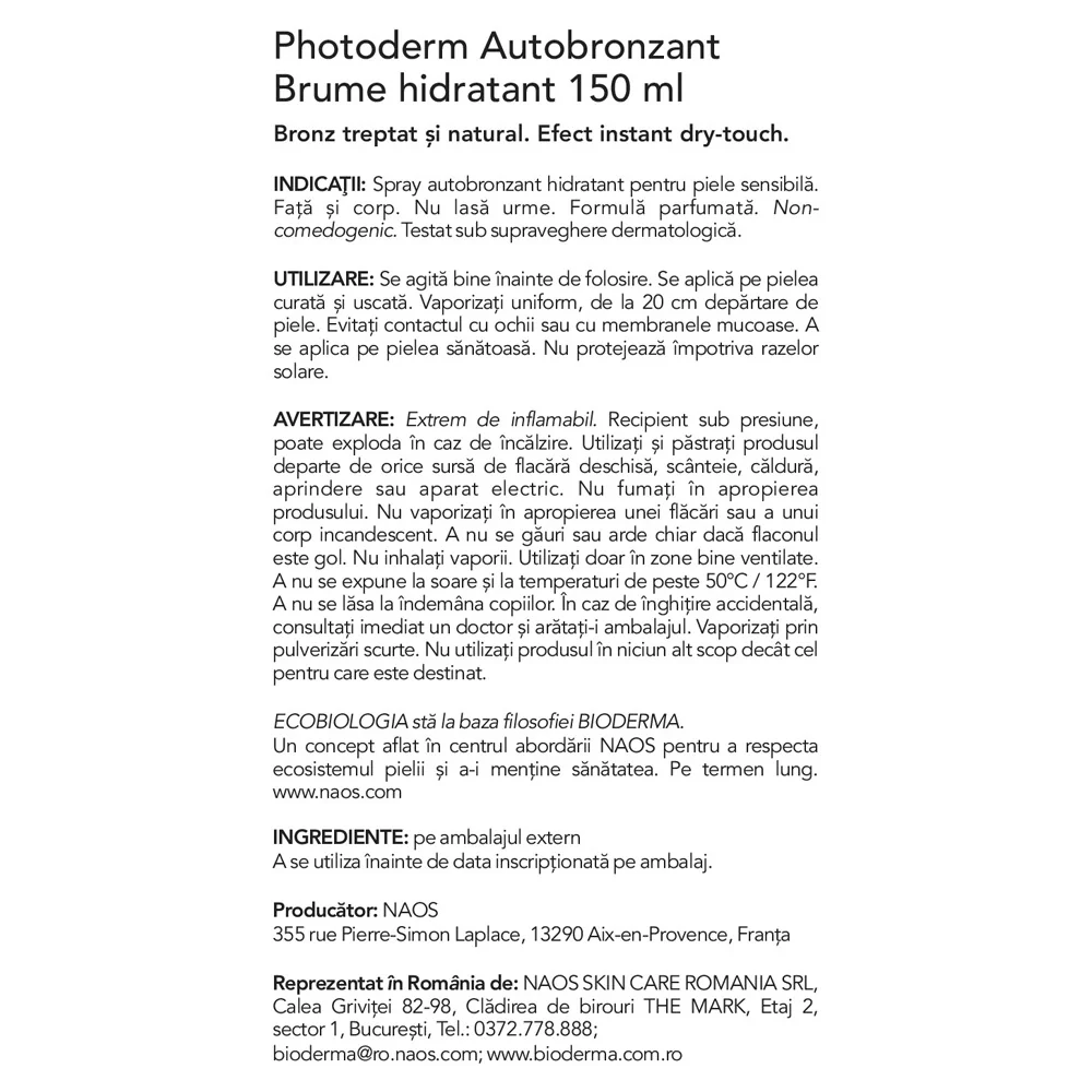 Spray autobronzant Photoderm Brume hidratant, 150ml, Bioderma