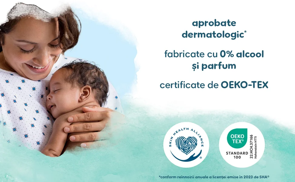 Servetele umede Pampers aprobate dermatologic, fara alcool si parfum, certificate OEKO-TEX pentru pielea delicata a bebelusului. Servetele umede Pampers aprobate dermatologic, fara alcool si parfum, certificate OEKO-TEX pentru pielea delicata a bebelusului.