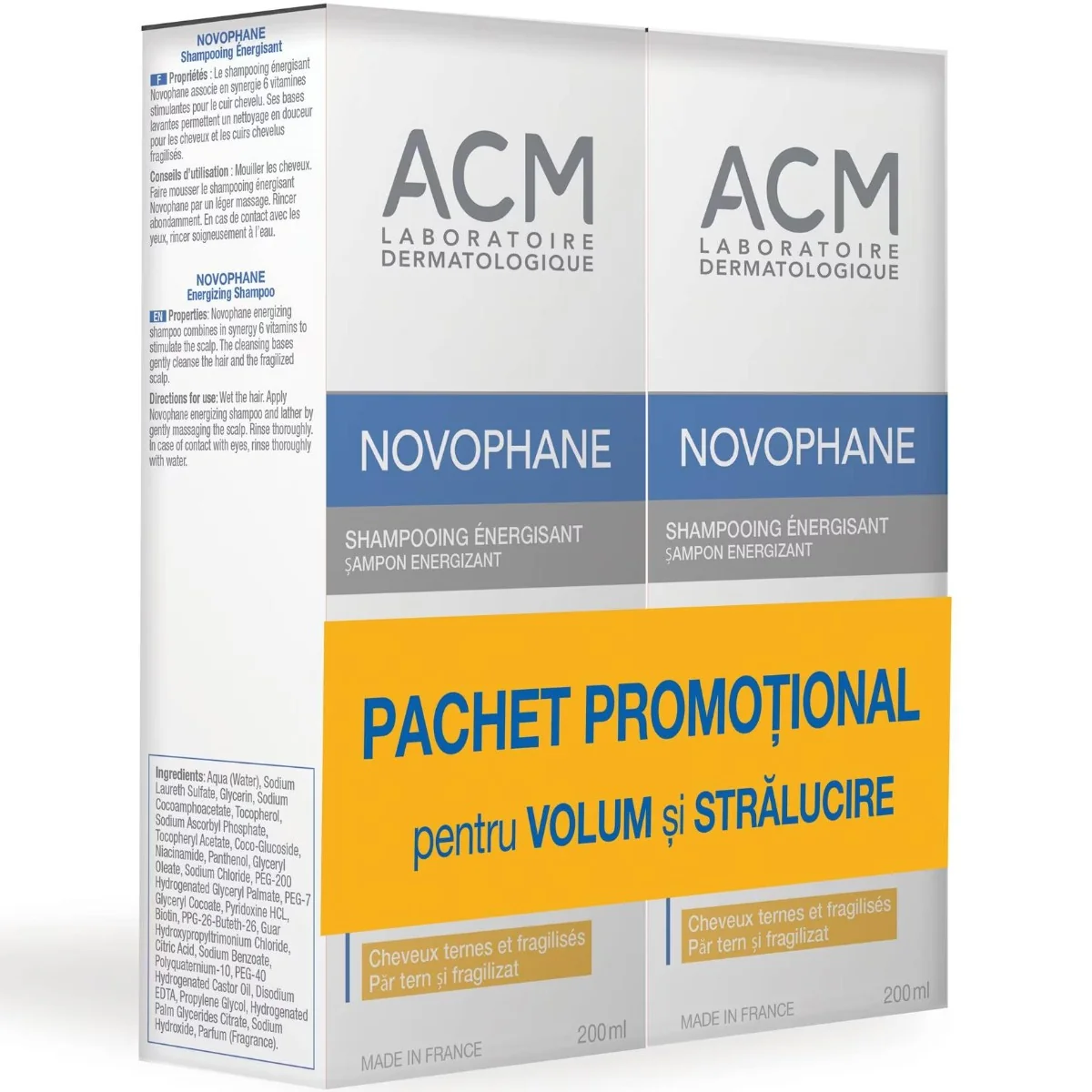 Sampon energizant pentru par fragil Novophane, 2 x 200ml, ACM