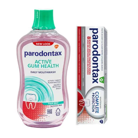 Pachet Pasta de dinti Complete Protection Whitening 75ml + Apa de gura fara alcool Daily Gum Care Fresh Mint 500ml, Parodontax