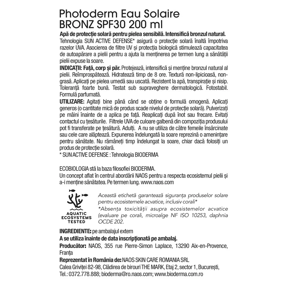 Apa de protectie solara SPF 30 Photoderm, 200ml, Bioderma
