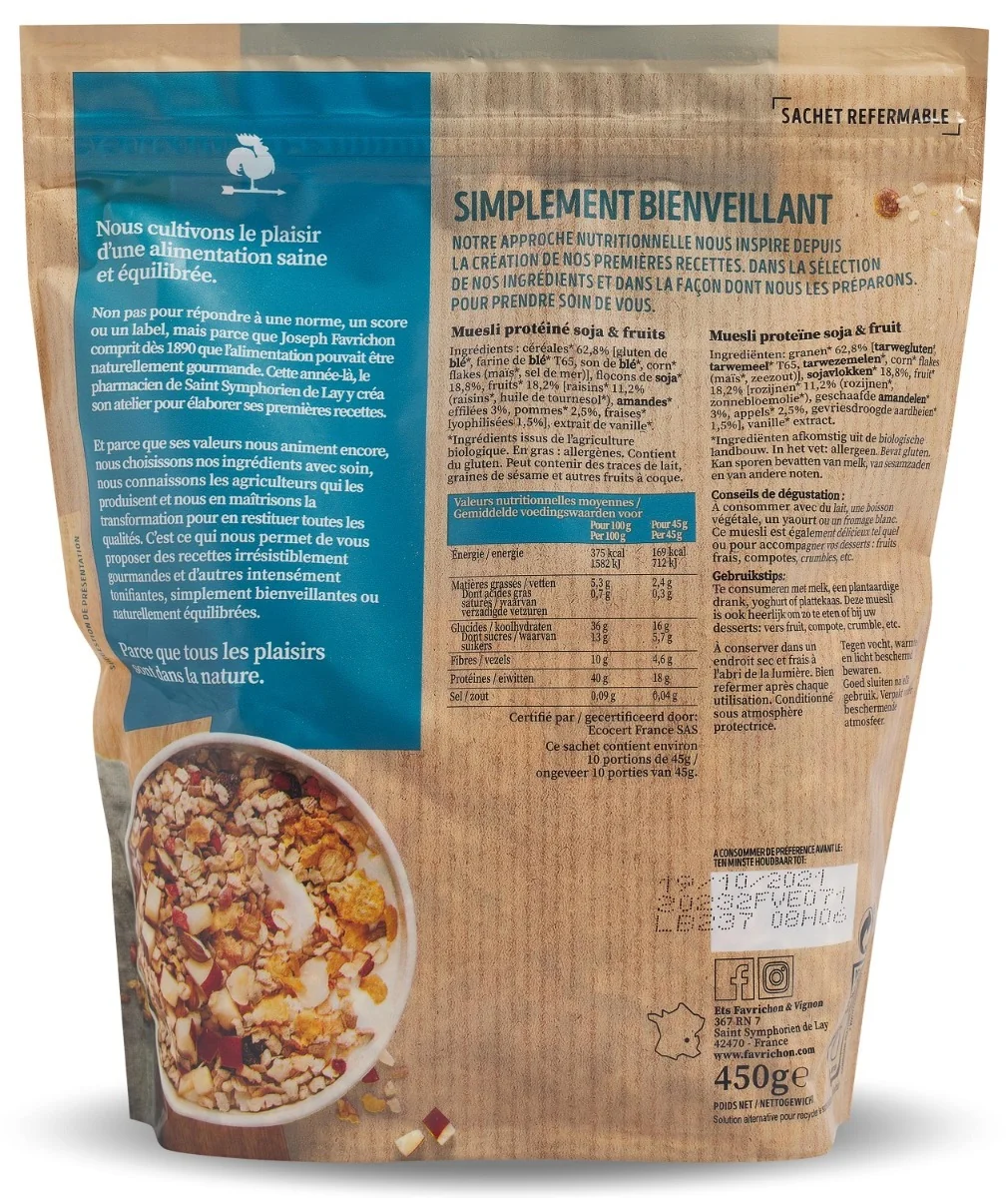 Musli bio fara zahar cu 40% proteine, soia si fructe, 450g, Favrichon