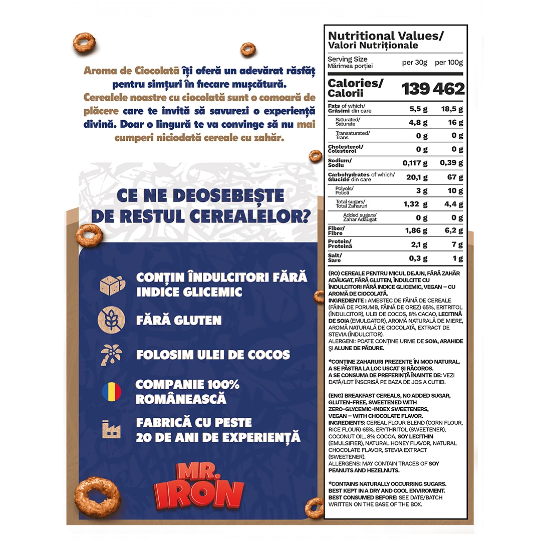 Cereale din ovaz fara zahar si fara gluten Ciocolata inghetata, 250g, Mr. Iron