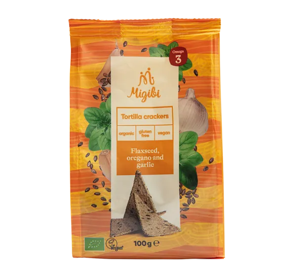 Tortilla crackers din seminte de in cu oregano si usturoi Bio, 100g, Migibi 