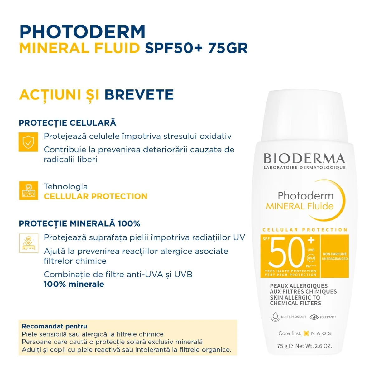 Protectie solara pentru pielea alergica la filtre chimice Photoderm Mineral Fluide, 75g, Bioderma