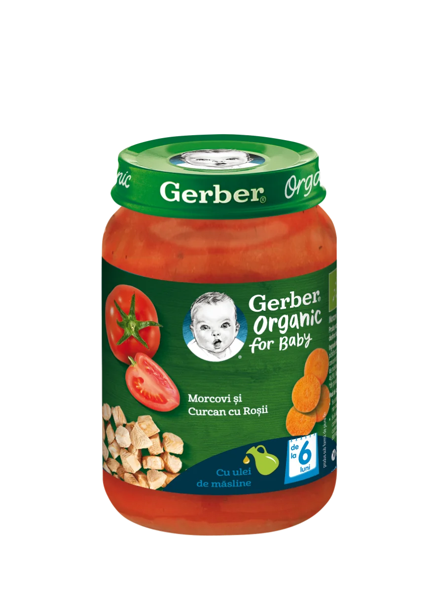 Piure Bio din morcovi cu rosii si curcan de la 6 luni, 190g, Gerber