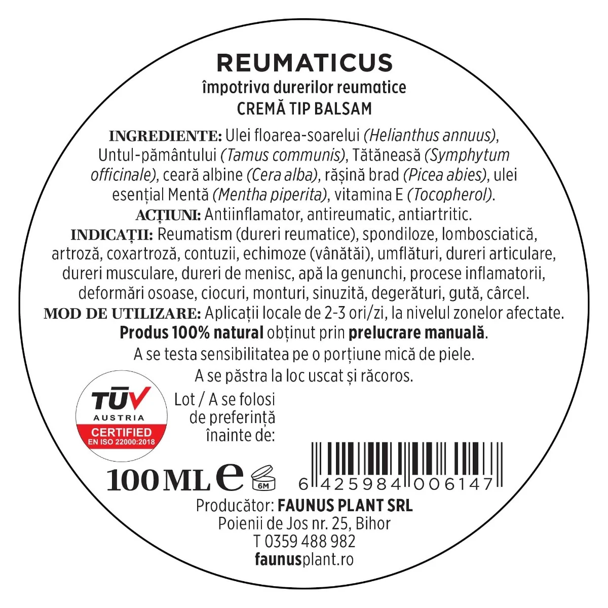 Unguent pentru dureri reumatice Reumaticus, 100ml, Faunus Plant