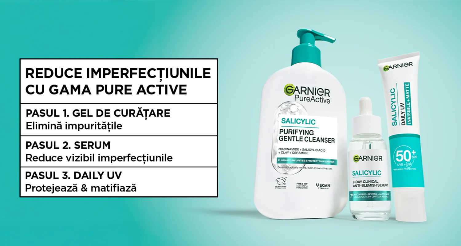 Gama Garnier Pure Active pentru ten cu imperfectiuni: gel de curatare, ser si protectie solara zilnica. Gama Garnier Pure Active pentru ten cu imperfectiuni: gel de curatare, ser si protectie solara zilnica.