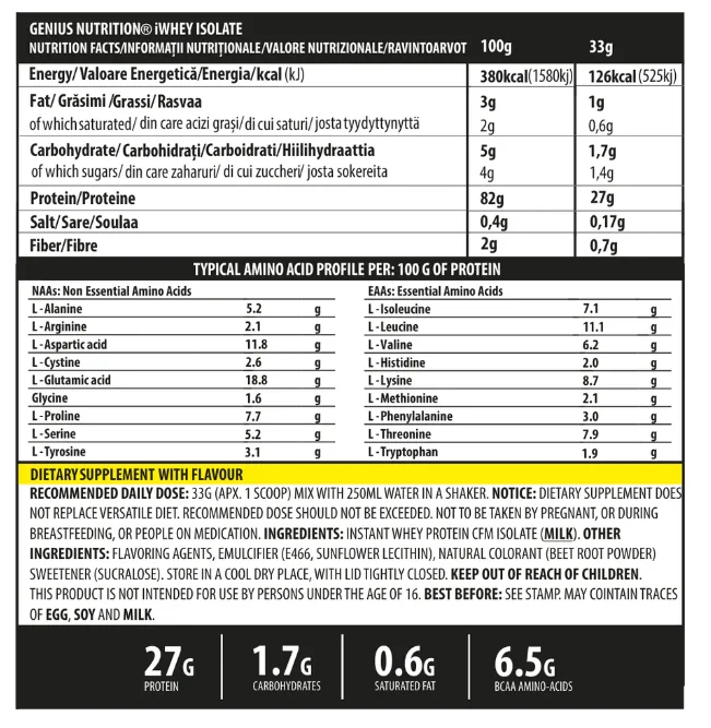 Pudra proteica cu aroma Italian Caffe Late iWhey Isolate, 900g, Genius Nutrititon