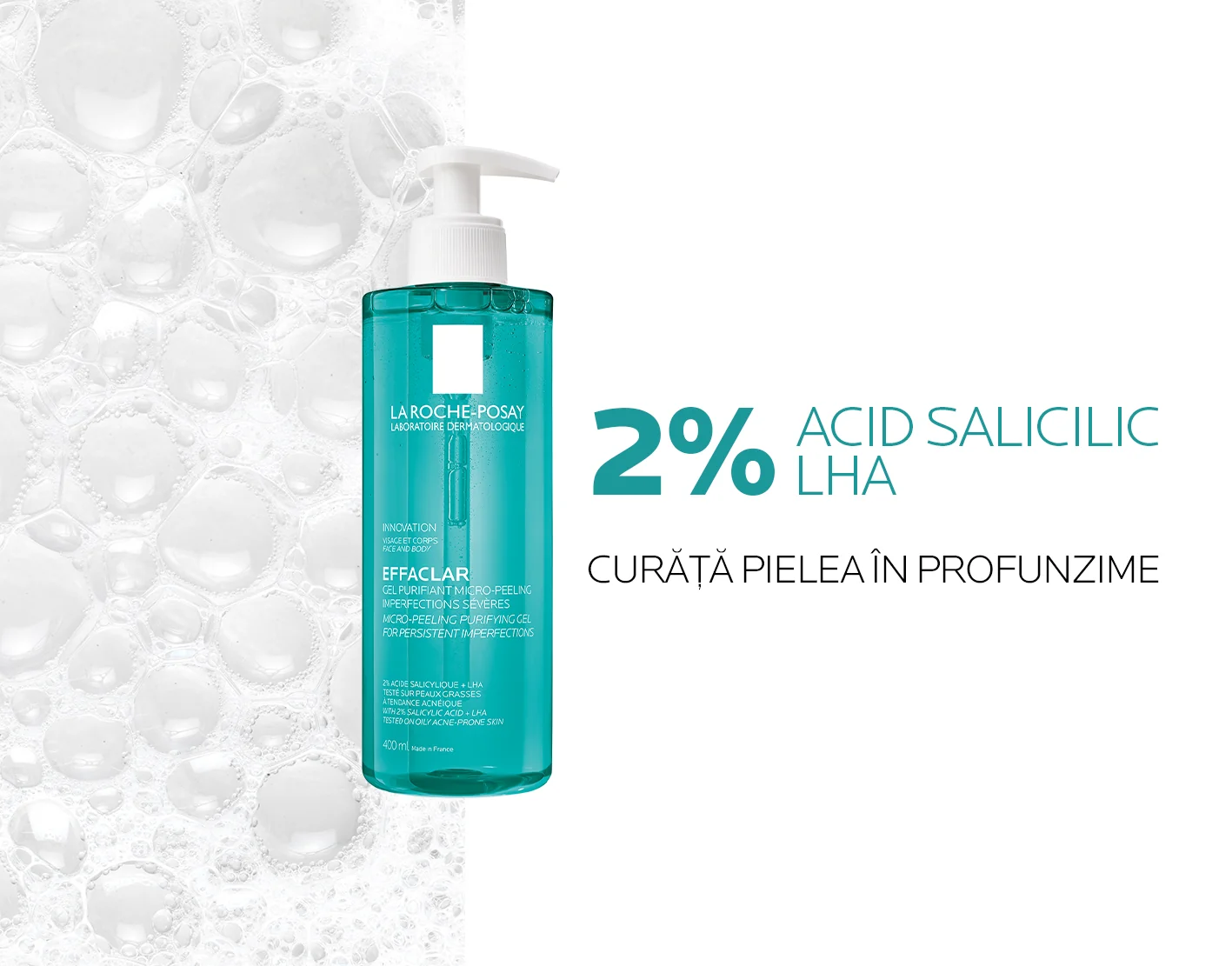 Gel de curatare micro-exfoliant fata si corp ten gras cu tendinta acneica Effaclar, 400ml, La Roche-Posay