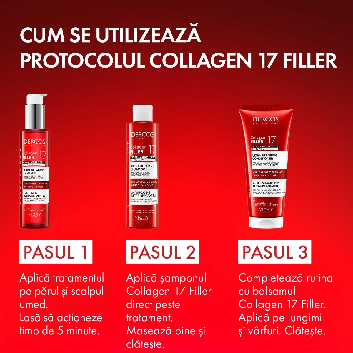 Balsam ultra-reparator cu peptide pro-colagen si acid citric Dercos Collagen 17 Filler, 200ml, Vichy