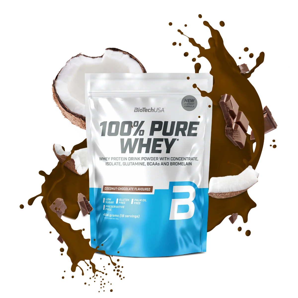 Pudra proteica 100% Pure Whey cu aroma de cocos si ciocolata, 454g, BioTechUSA