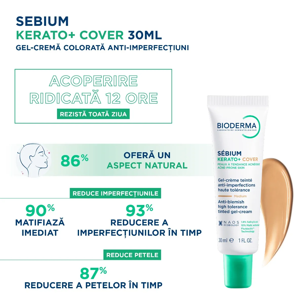 Gel crema nuantatoare anti-imperfectiuni Sebium Kerato+ Cover, 30 ml, Bioderma