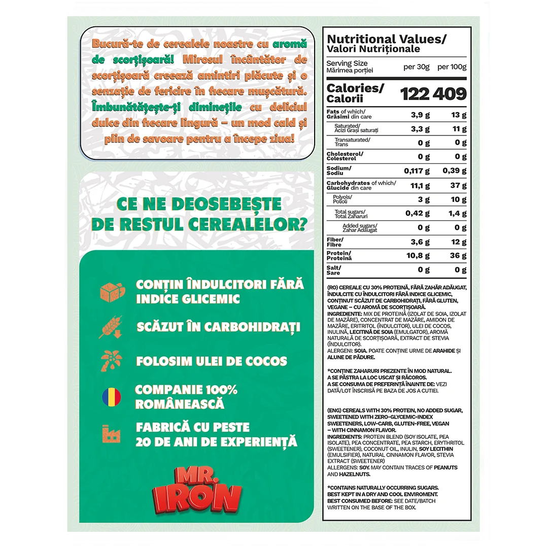 Cereale cu 30% proteina fara zahar low-carb gluten free si vegane Scortisoara, 250g, Mr. Iron