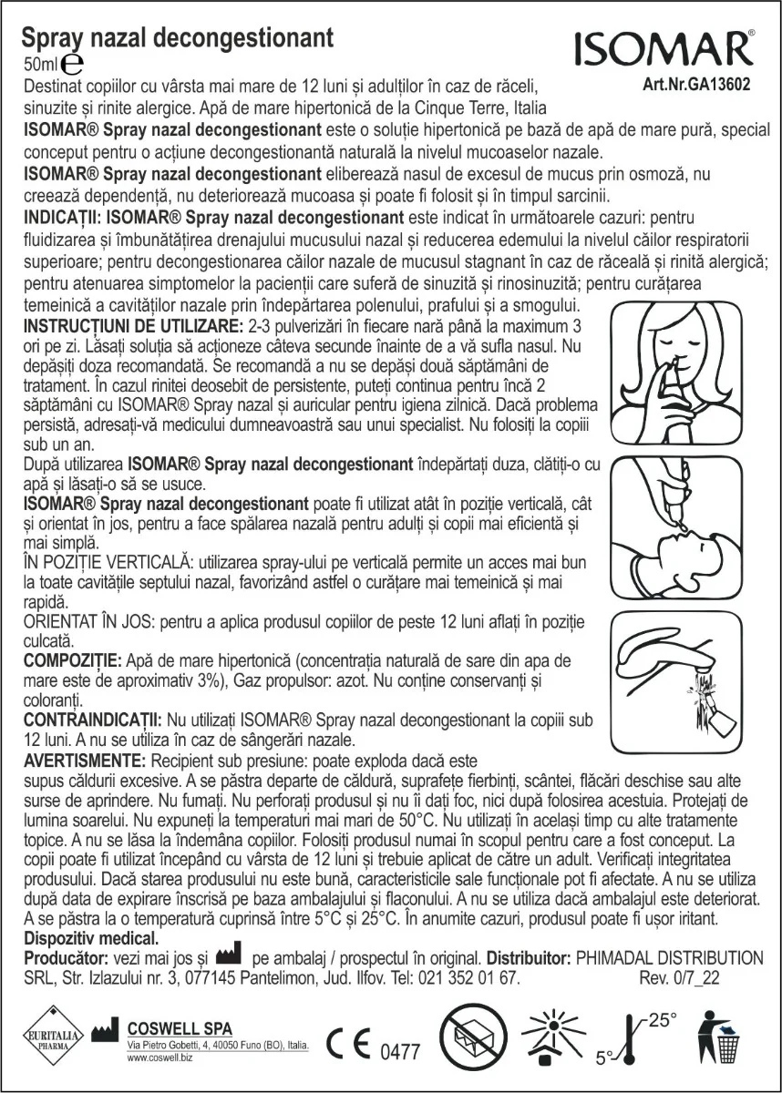 Spray nazal decongestionant cu apa de mare hipertonica Isomar 12+, 50ml, Euritalia