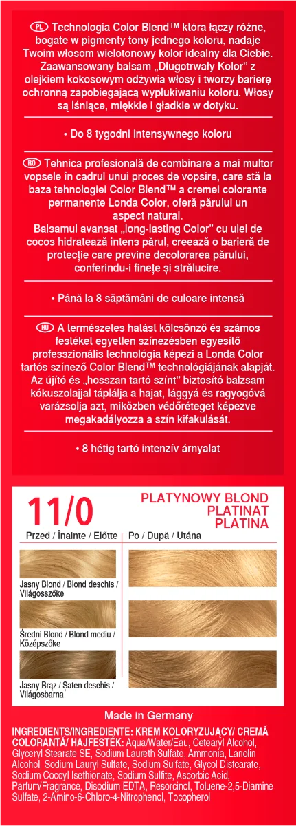 Vopsea de par permanenta 11/0 Blond Platinum, 110ml, Londa